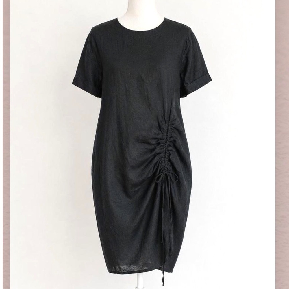 Stateside Viviene 100% Linen Ruched Side Drawstring Midi Dress in Black Size‎ M